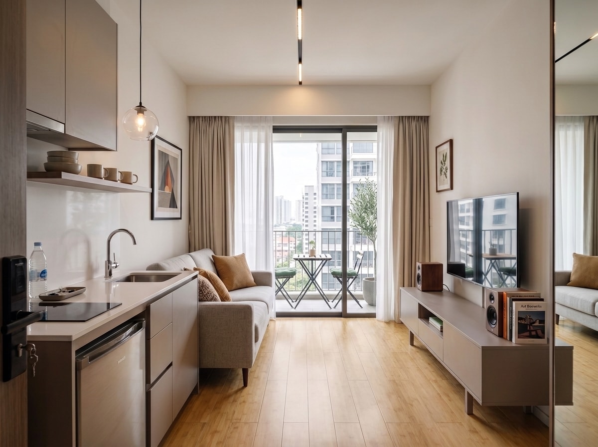 A compact city apartment with a galley kitchen along one wall, a grey sofa, a wall-mounted television and a balcony overlooking high-rise buildings. On the right the floor has been replaced with Bamboo wood flooring; on the left it is the room's original glossy white tile.